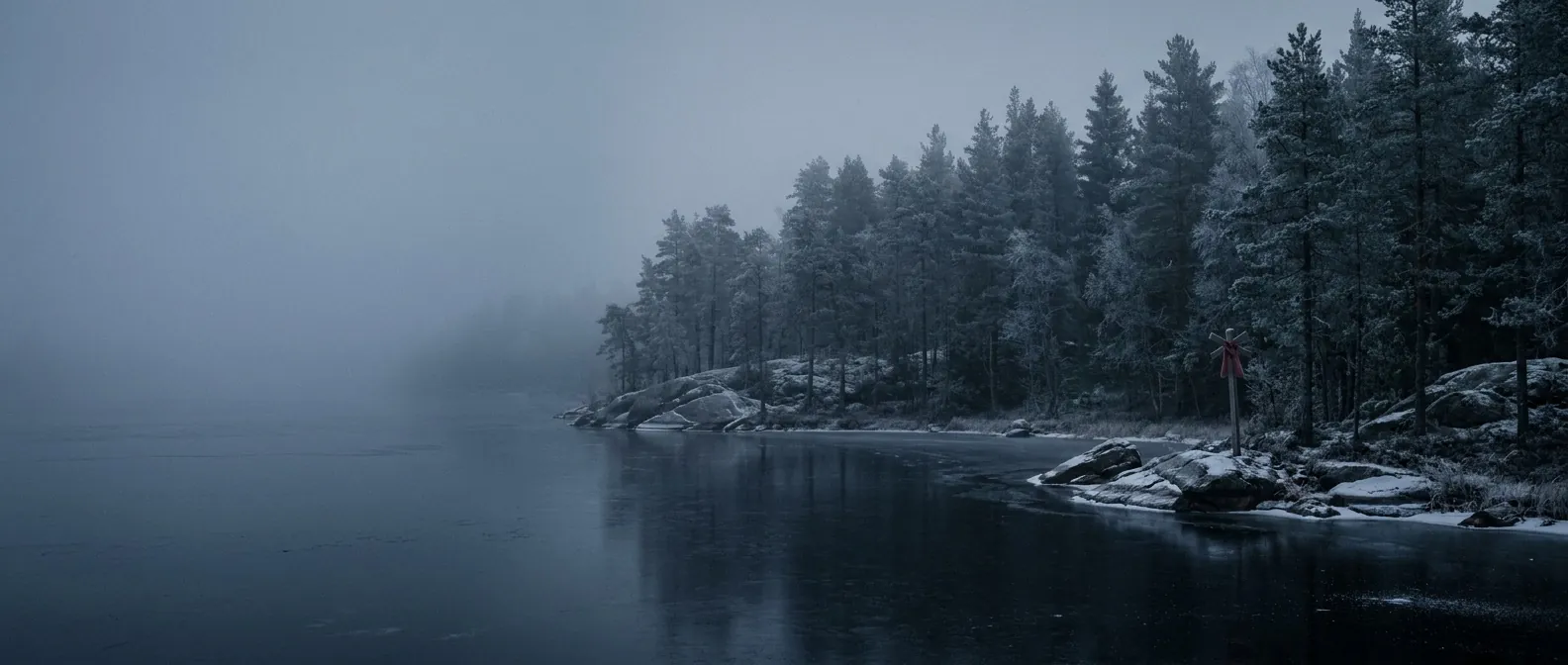A cold frost-covered Finnish pine forest beside a still, half-frozen lake in blue-hour fog